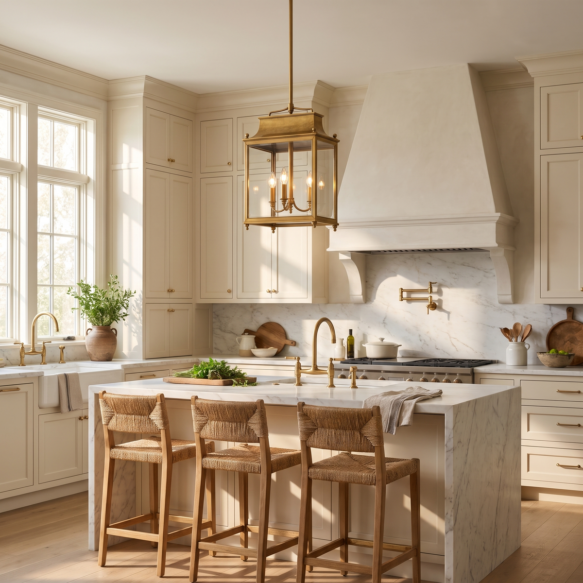 Brass glass lantern pendant above a marble kitchen island in a cream Italian kitchen