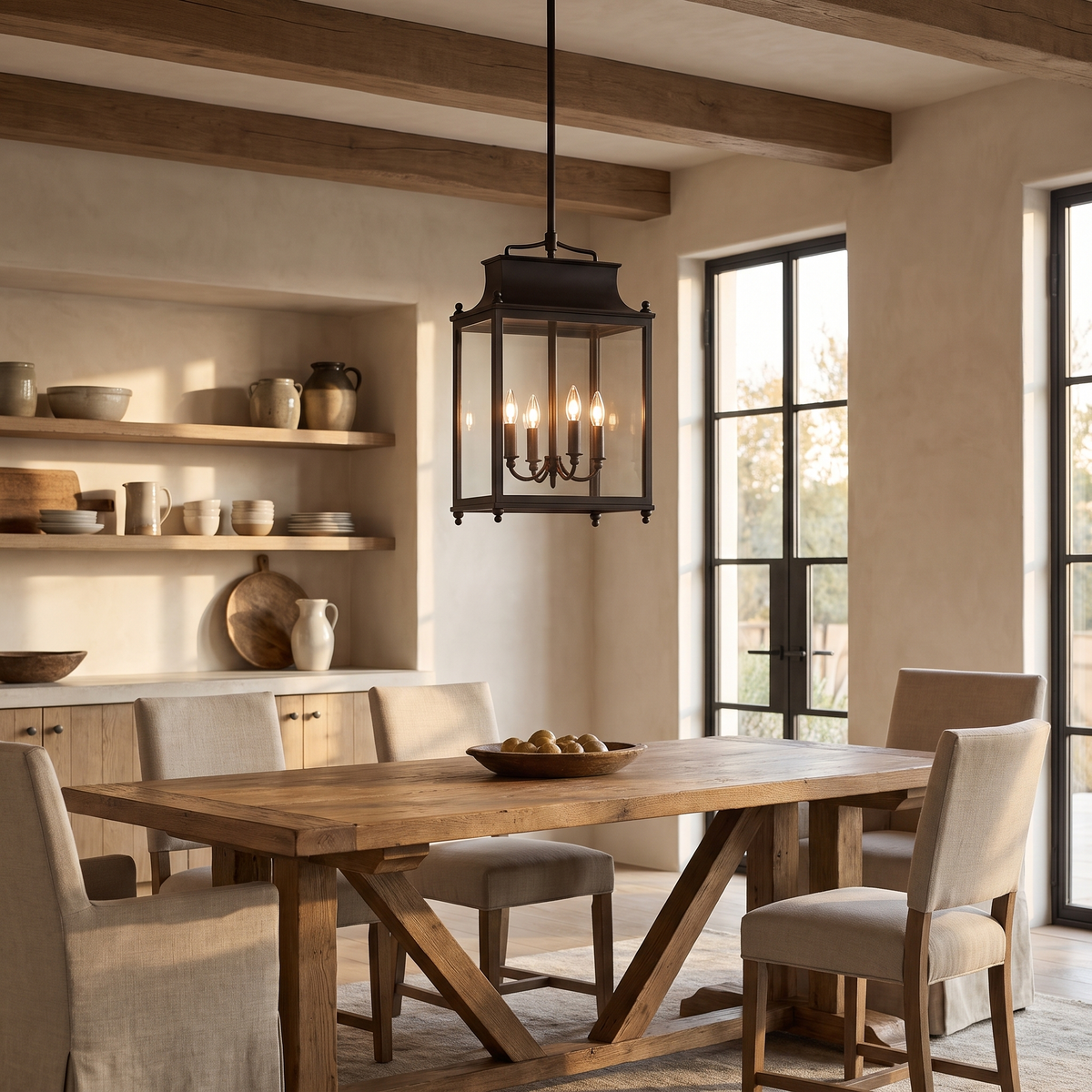 Oil bronze glass lantern pendant above an oak trestle table in a European farmhouse dining room