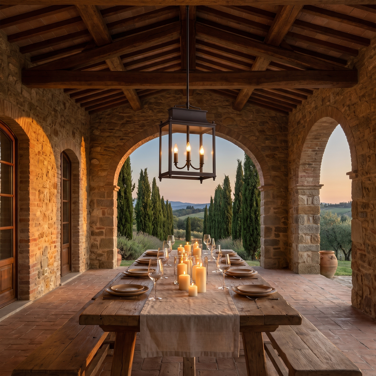 Oil bronze glass lantern pendant over a candlelit table in a Tuscan stone loggia at dusk