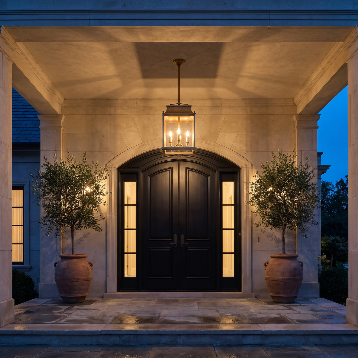 Brass glass lantern pendant glowing above the arched front door of a limestone villa porch at blue hour