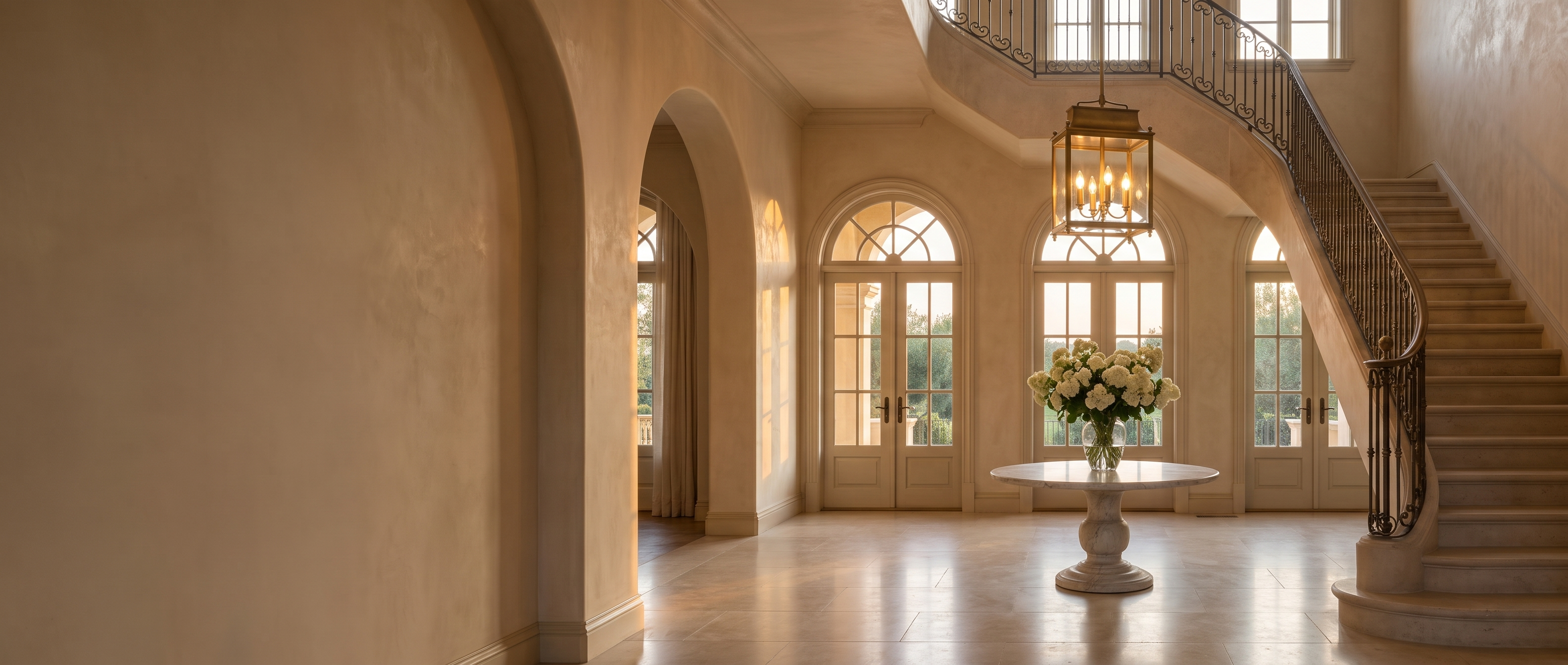 Brass glass lantern pendant glowing in a grand villa entrance hall with a sweeping staircase