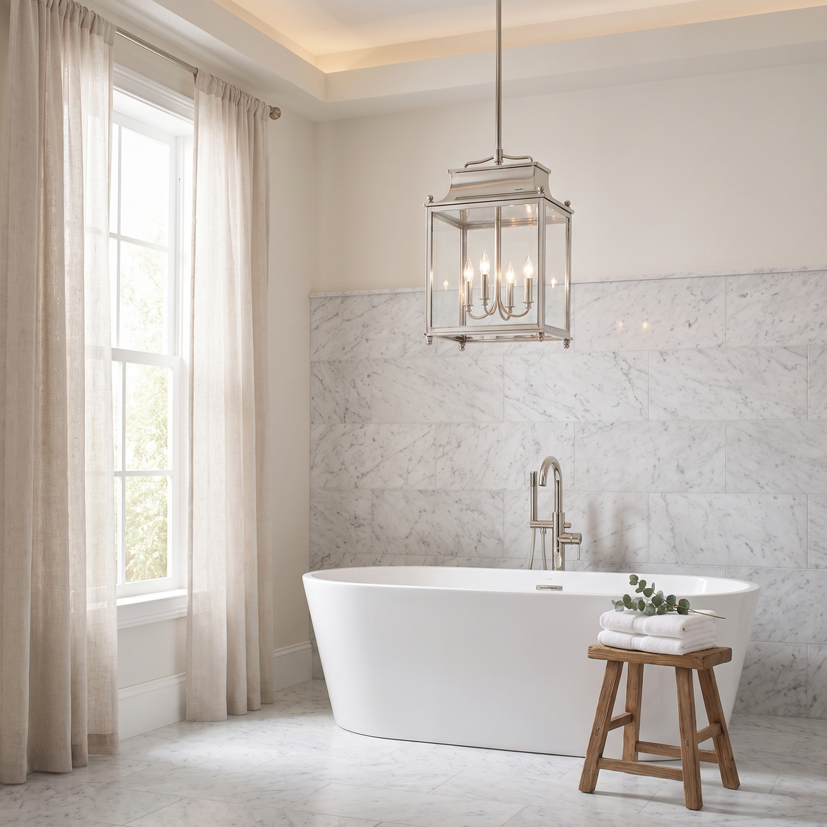 Polished nickel glass lantern pendant above a freestanding tub in a marble bathroom