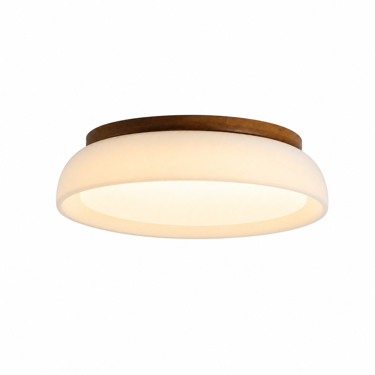 Pietra Morbida frosted glass and walnut flush mount ceiling light, lit, on white
