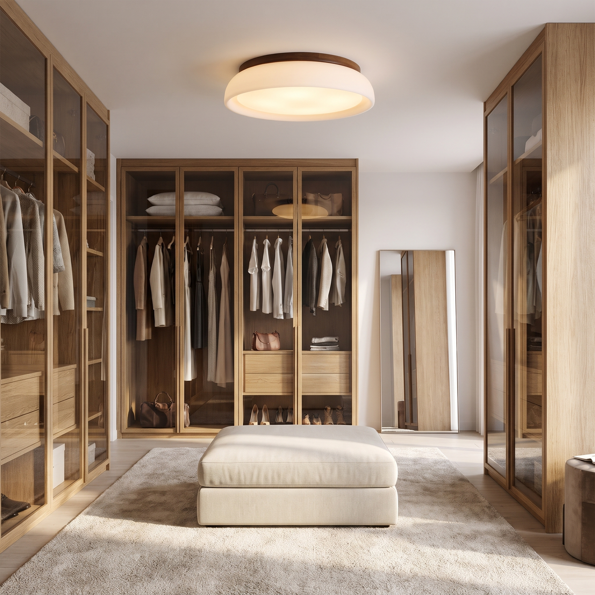 Frosted glass flush mount ceiling light in an oak walk-in dressing room