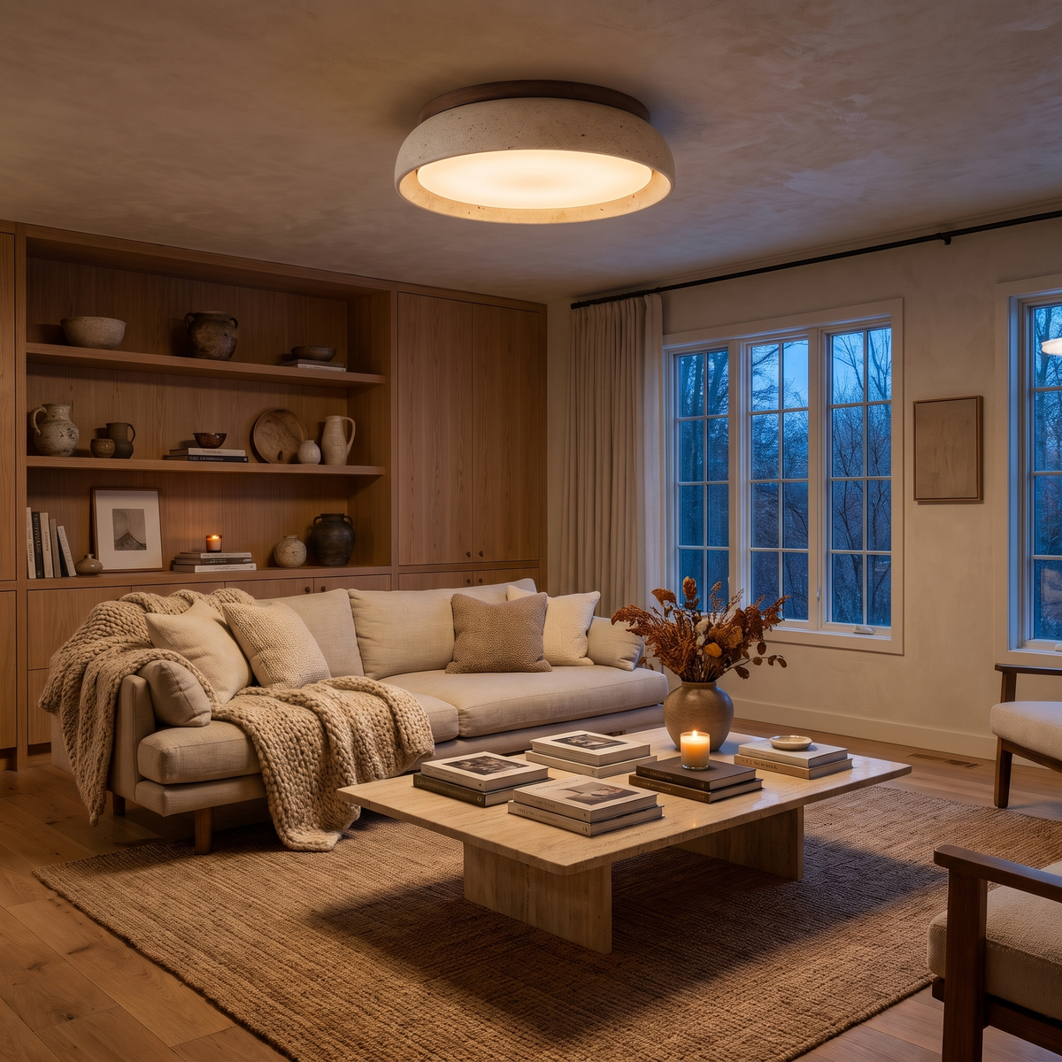 Travertine flush mount ceiling light warming a cozy living room on an autumn evening
