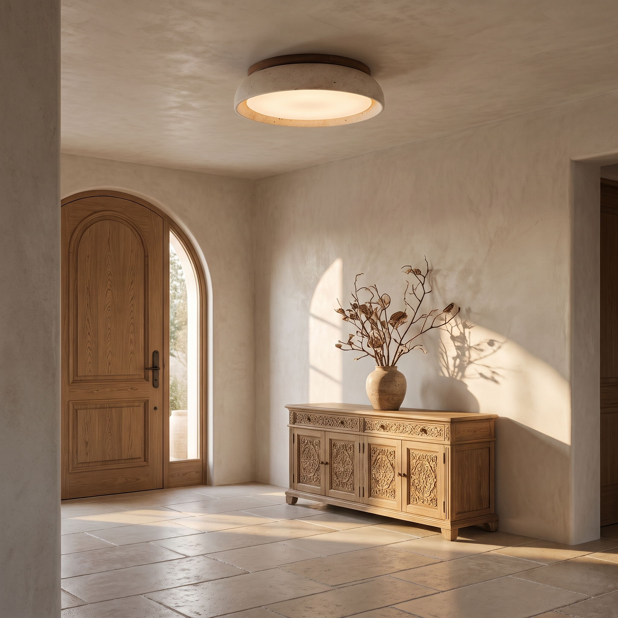 Travertine flush mount ceiling light glowing in a limestone Mediterranean entrance foyer