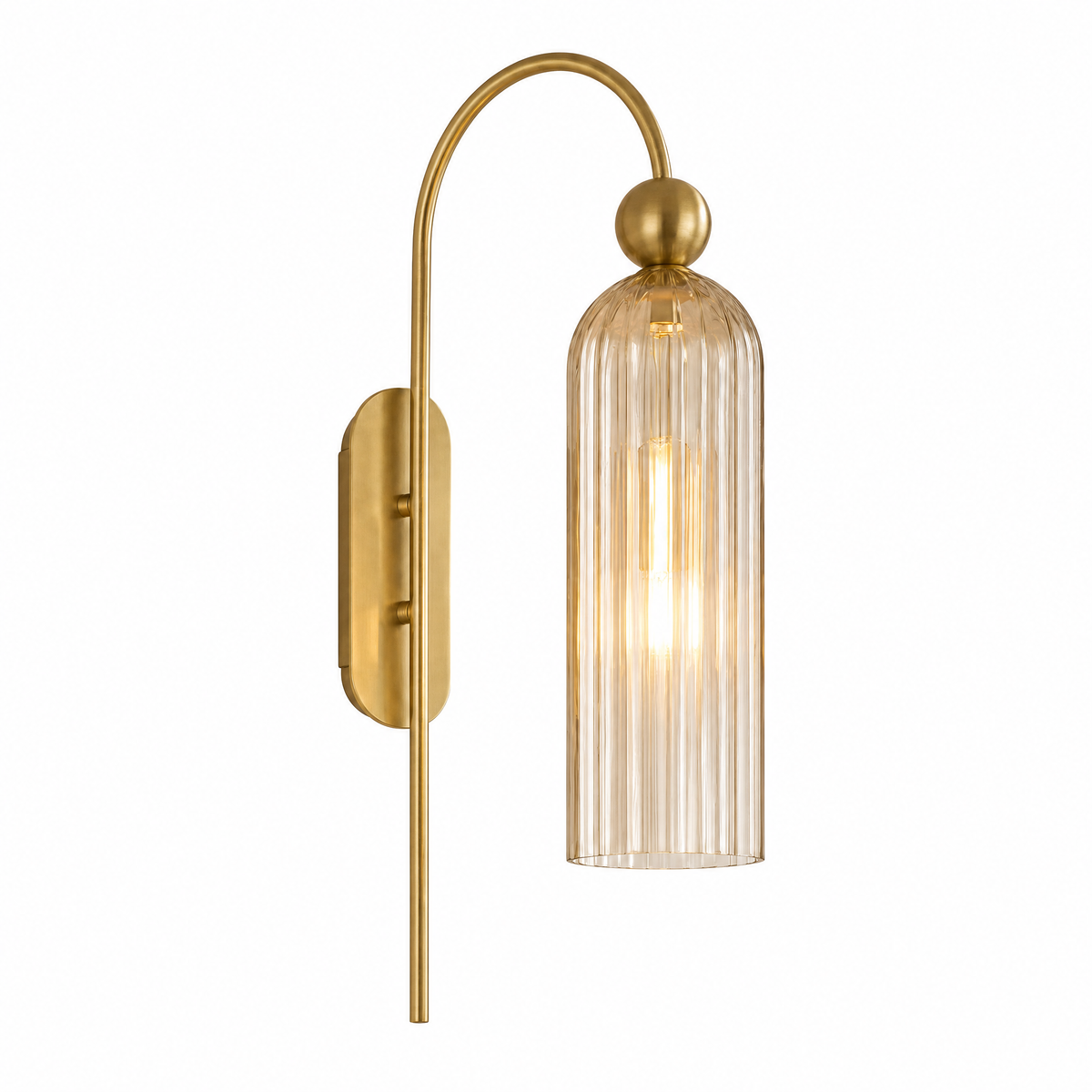 Arco Sottile gooseneck wall sconce with clear ribbed glass shade, lit, on white
