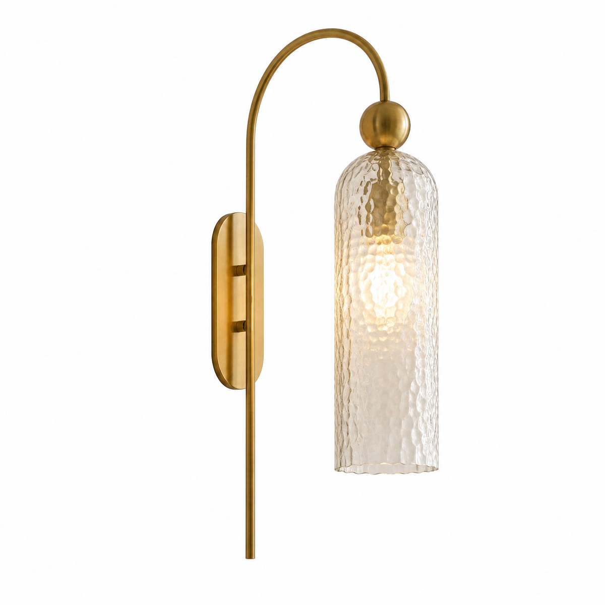 Arco Sottile gooseneck wall sconce with hammered glass shade, lit, on white