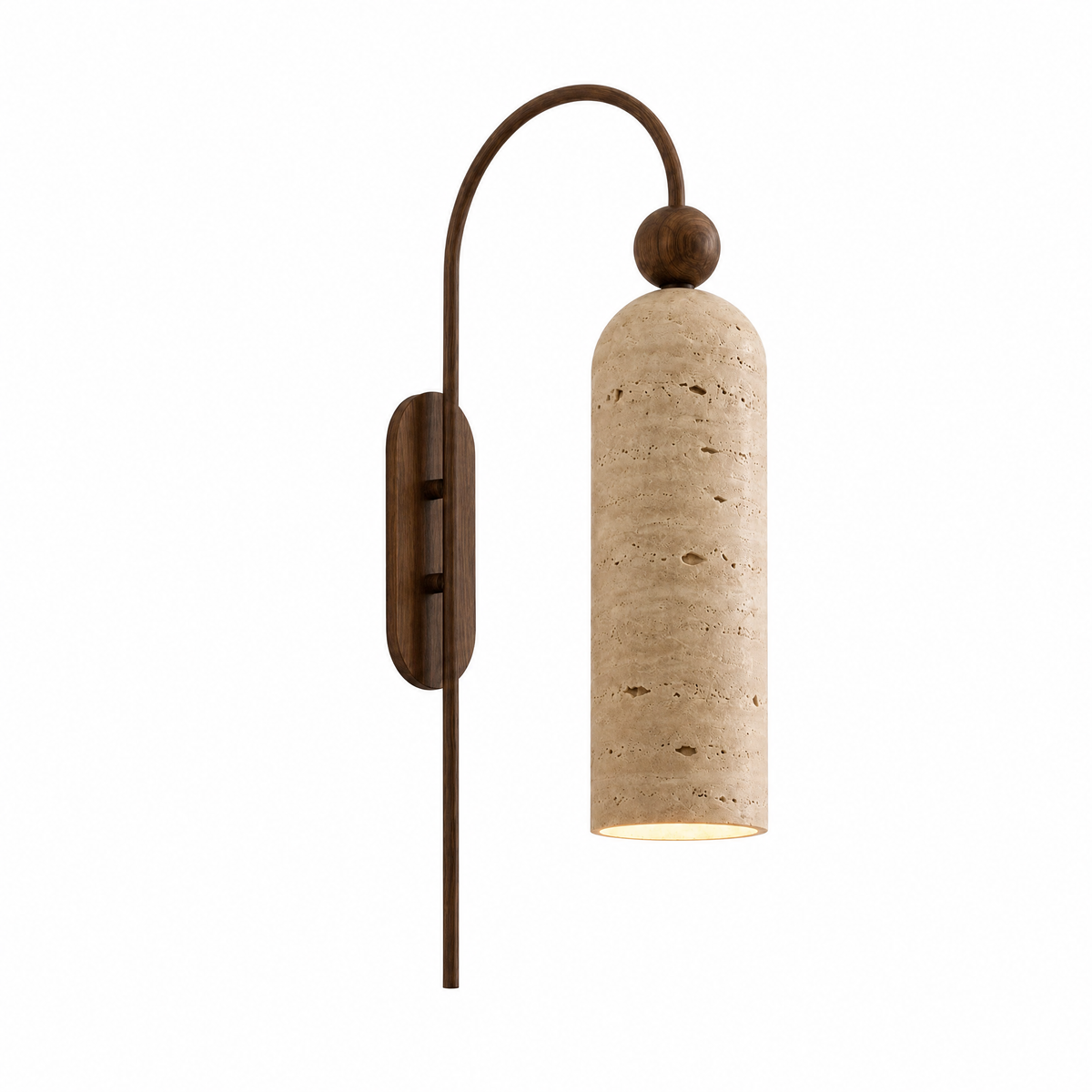 Arco Sottile gooseneck wall sconce with travertine shade and walnut-tone arm, lit, on white
