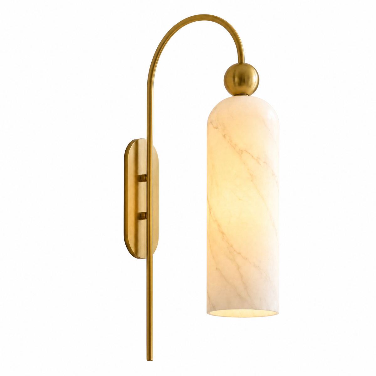 Arco Sottile gooseneck wall sconce with alabaster shade, lit, on white