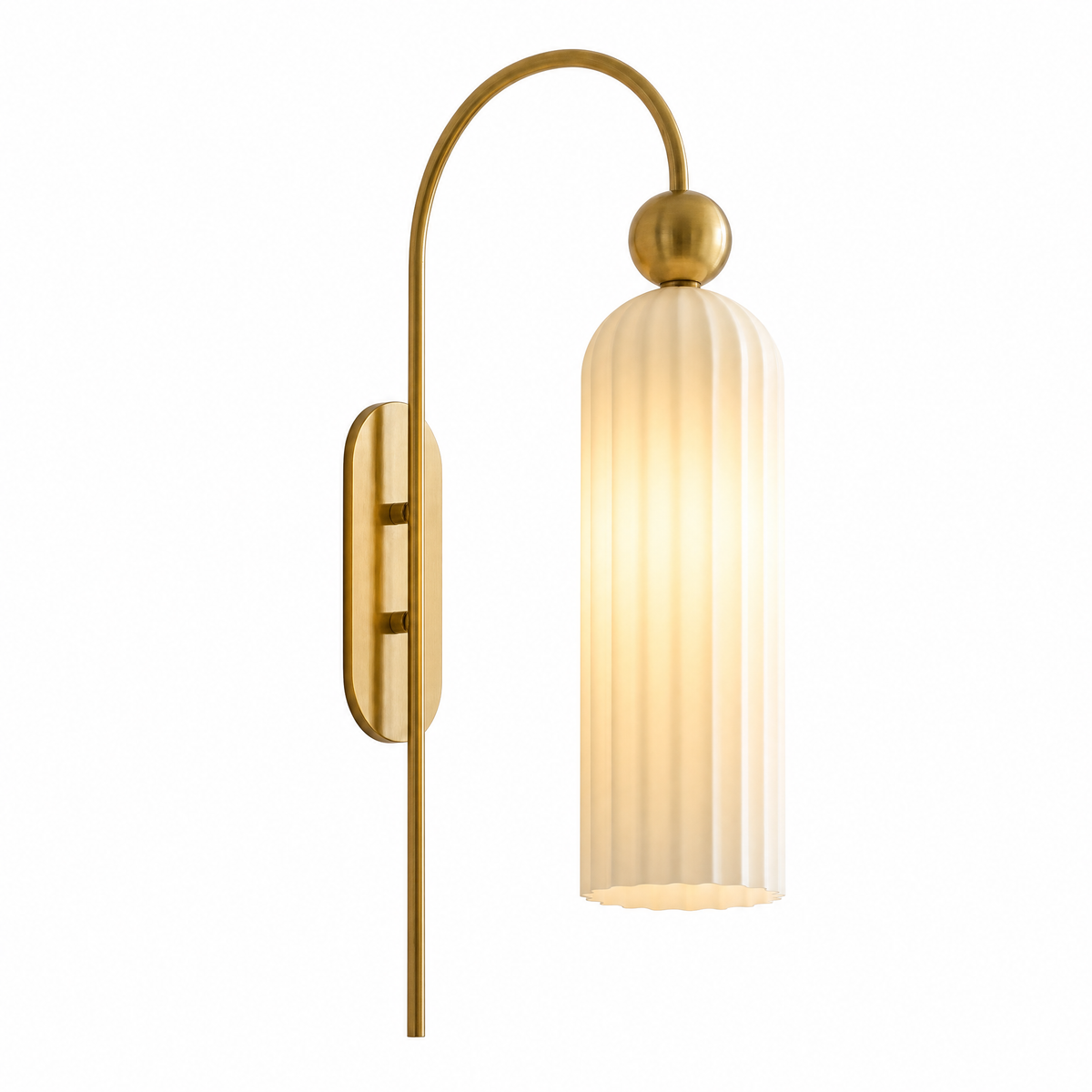 Arco Sottile gooseneck wall sconce with milk glass shade, lit, on white