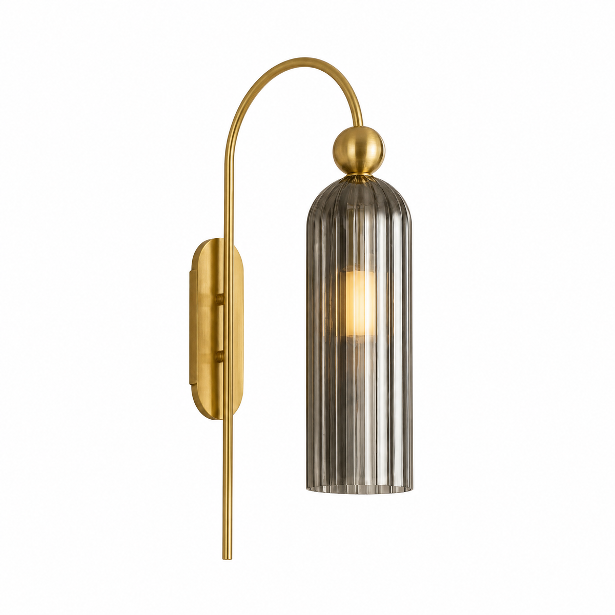 Arco Sottile gooseneck wall sconce with gray ribbed glass shade, lit, on white