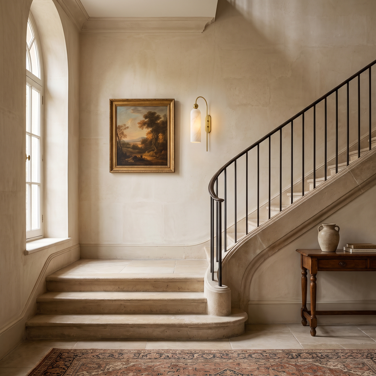 Alabaster gooseneck wall sconce on a limestone stairwell landing beside an antique painting
