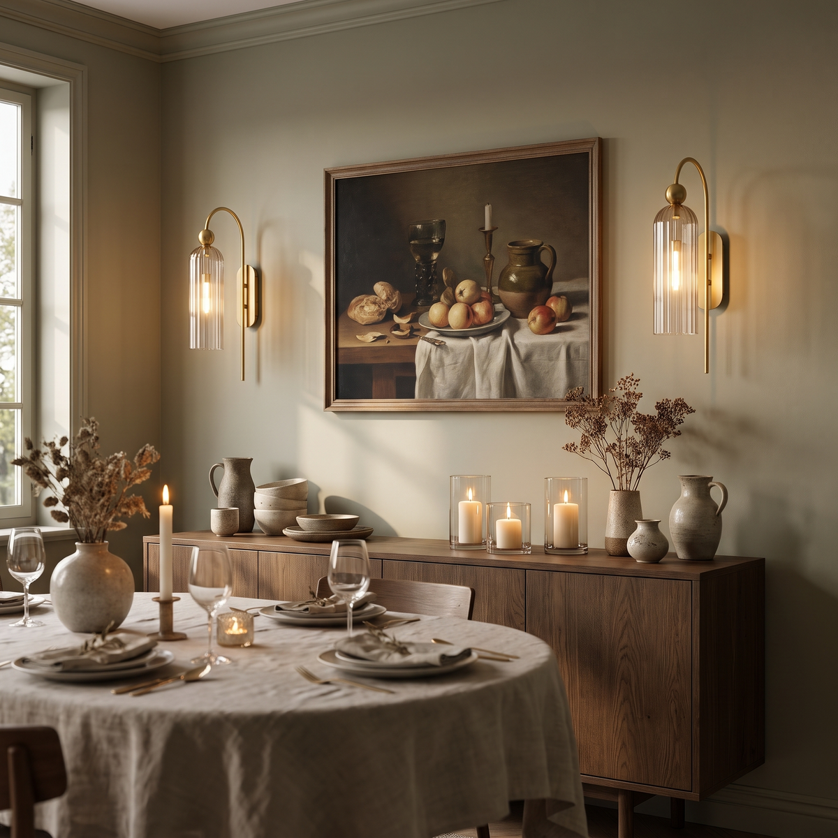 Pair of clear ribbed glass gold wall sconces flanking a still-life painting in a candlelit dining room
