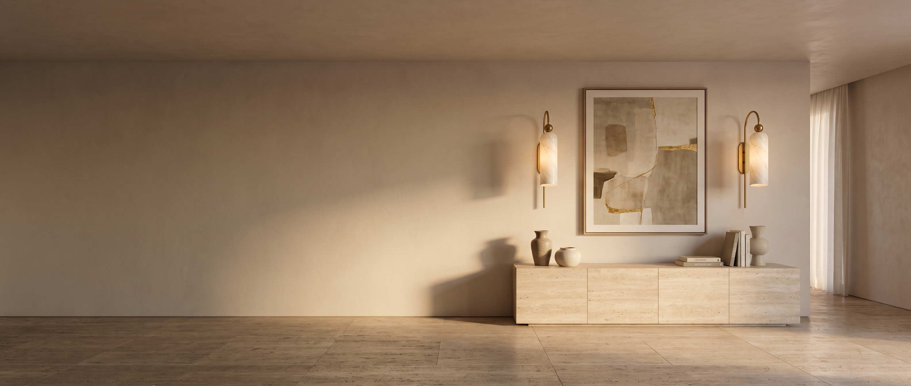 Pair of alabaster gooseneck wall sconces flanking an abstract artwork above a travertine credenza