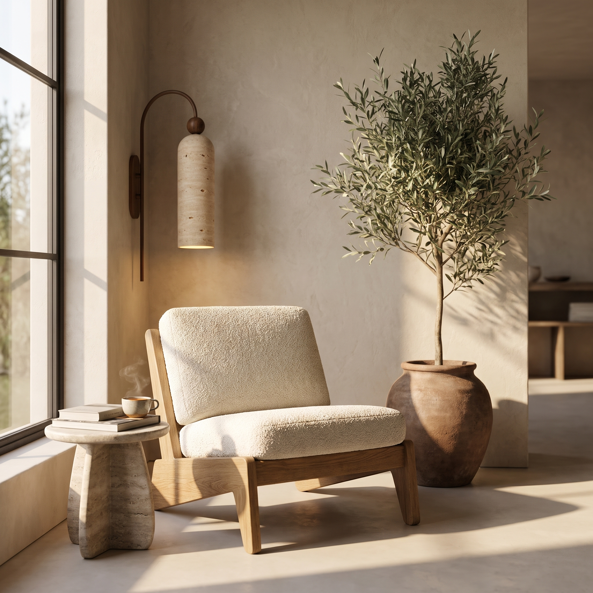 Travertine gooseneck wall sconce beside a bouclé lounge chair in a Japandi living room