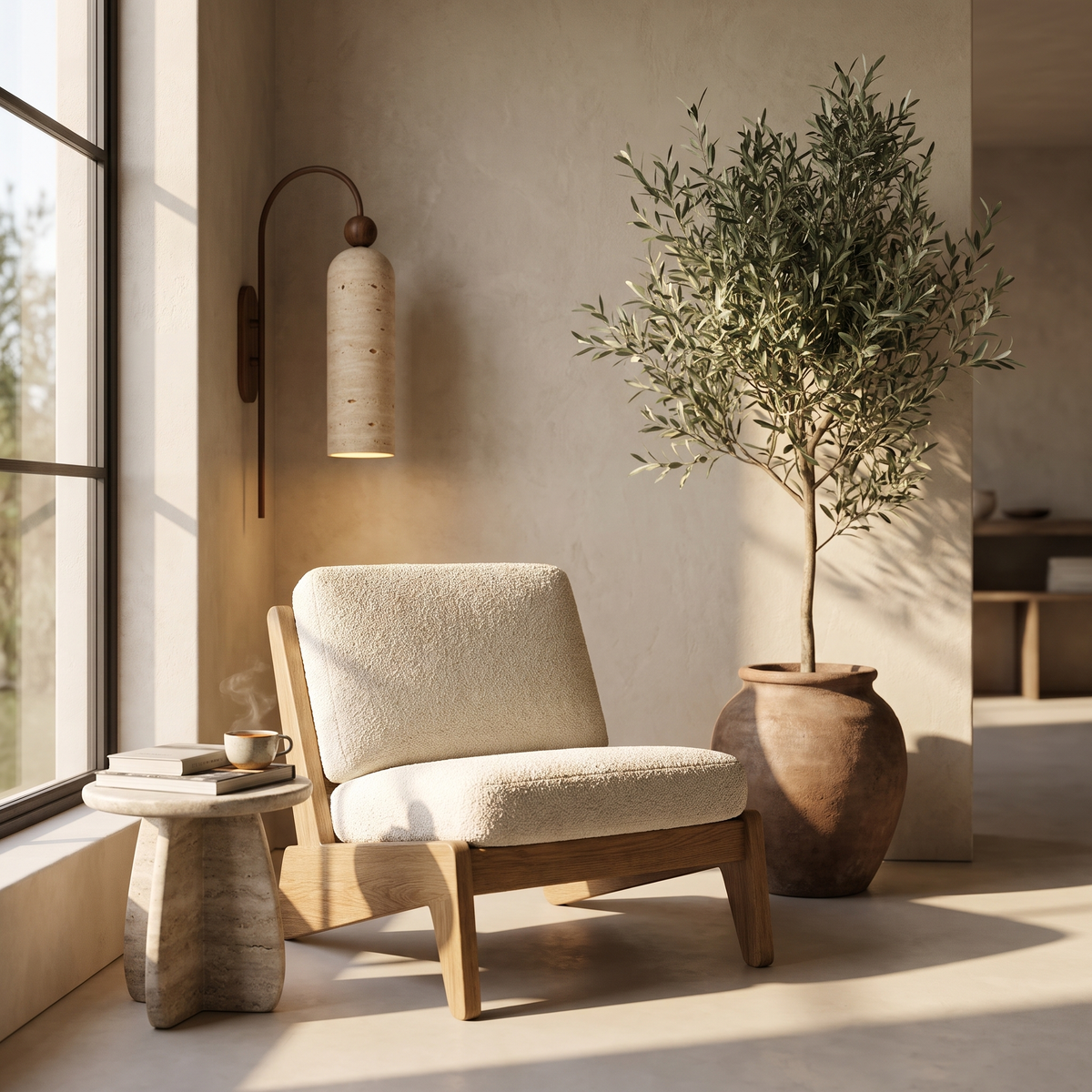 Travertine gooseneck wall sconce beside a bouclé lounge chair in a Japandi living room
