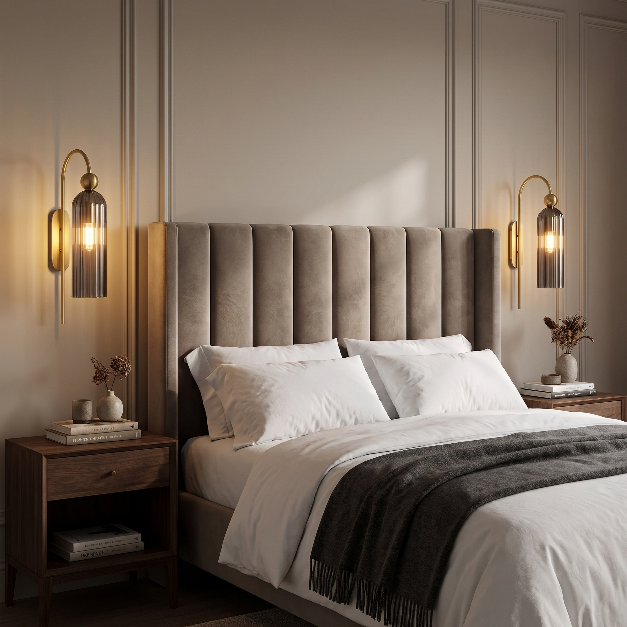 Pair of gray ribbed glass gold wall sconces flanking a velvet headboard in a hotel-style bedroom