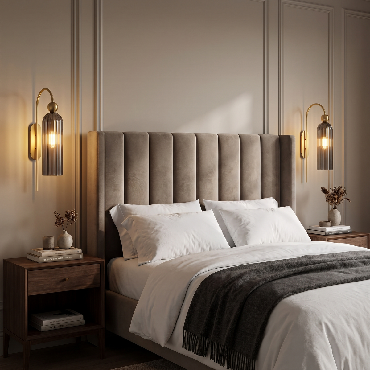 Pair of gray ribbed glass gold wall sconces flanking a velvet headboard in a hotel-style bedroom