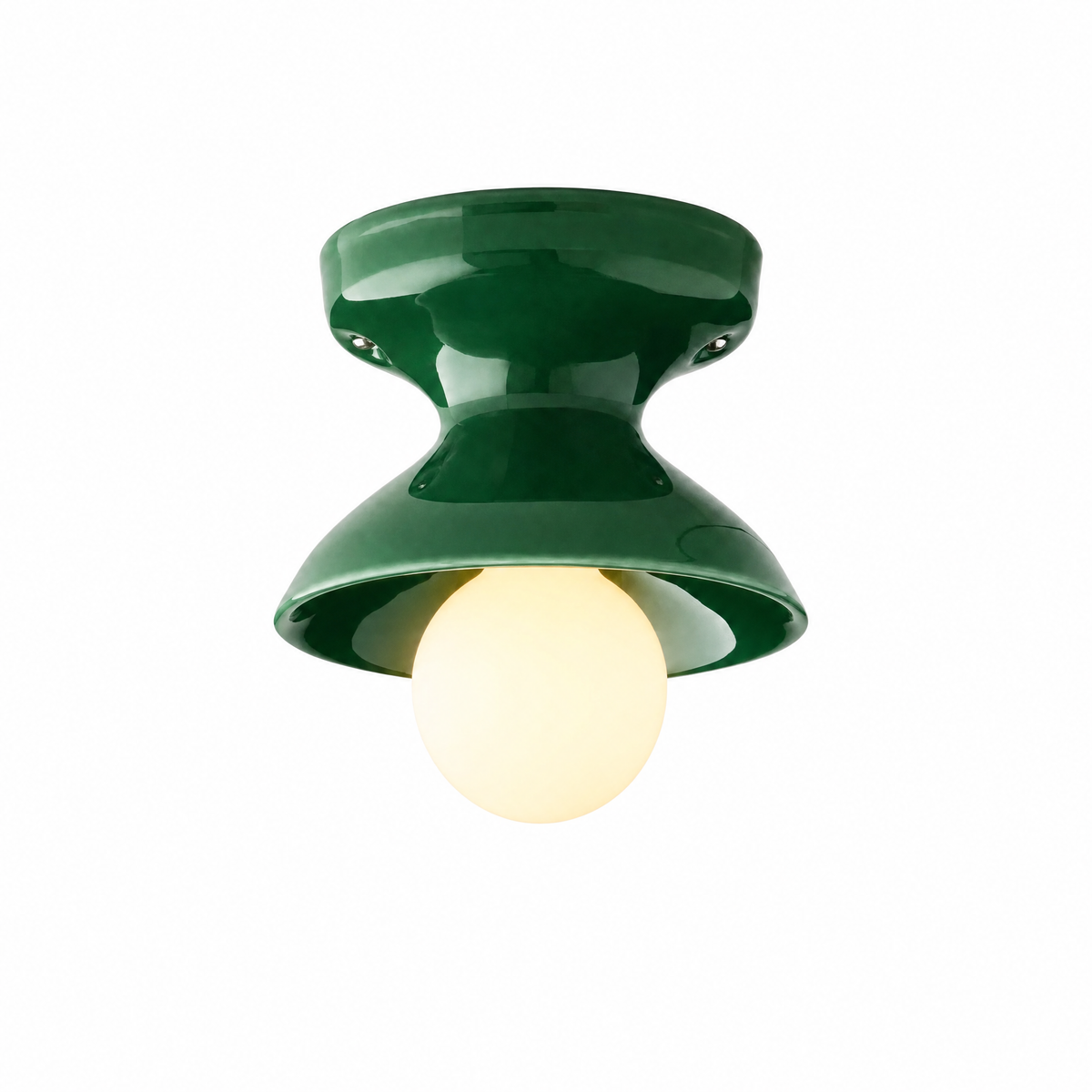 Campanella Smaltata ceramic flush mount in Juniper, Petite, lit, on white