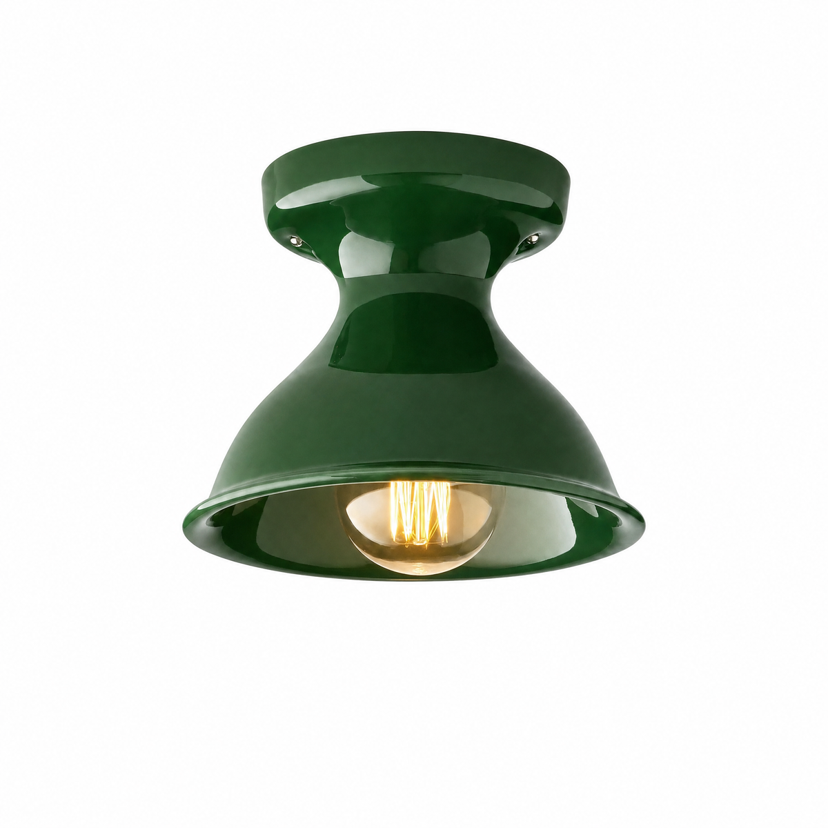 Campanella Smaltata ceramic flush mount in Juniper, Grande, lit, on white