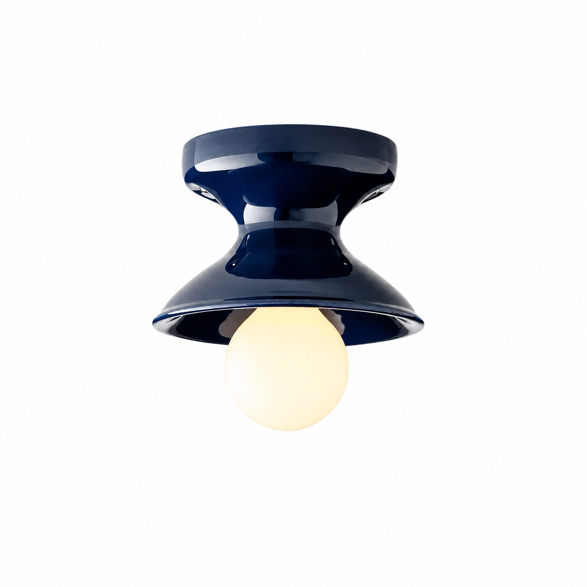Campanella Smaltata ceramic flush mount in Navy, Petite, lit, on white