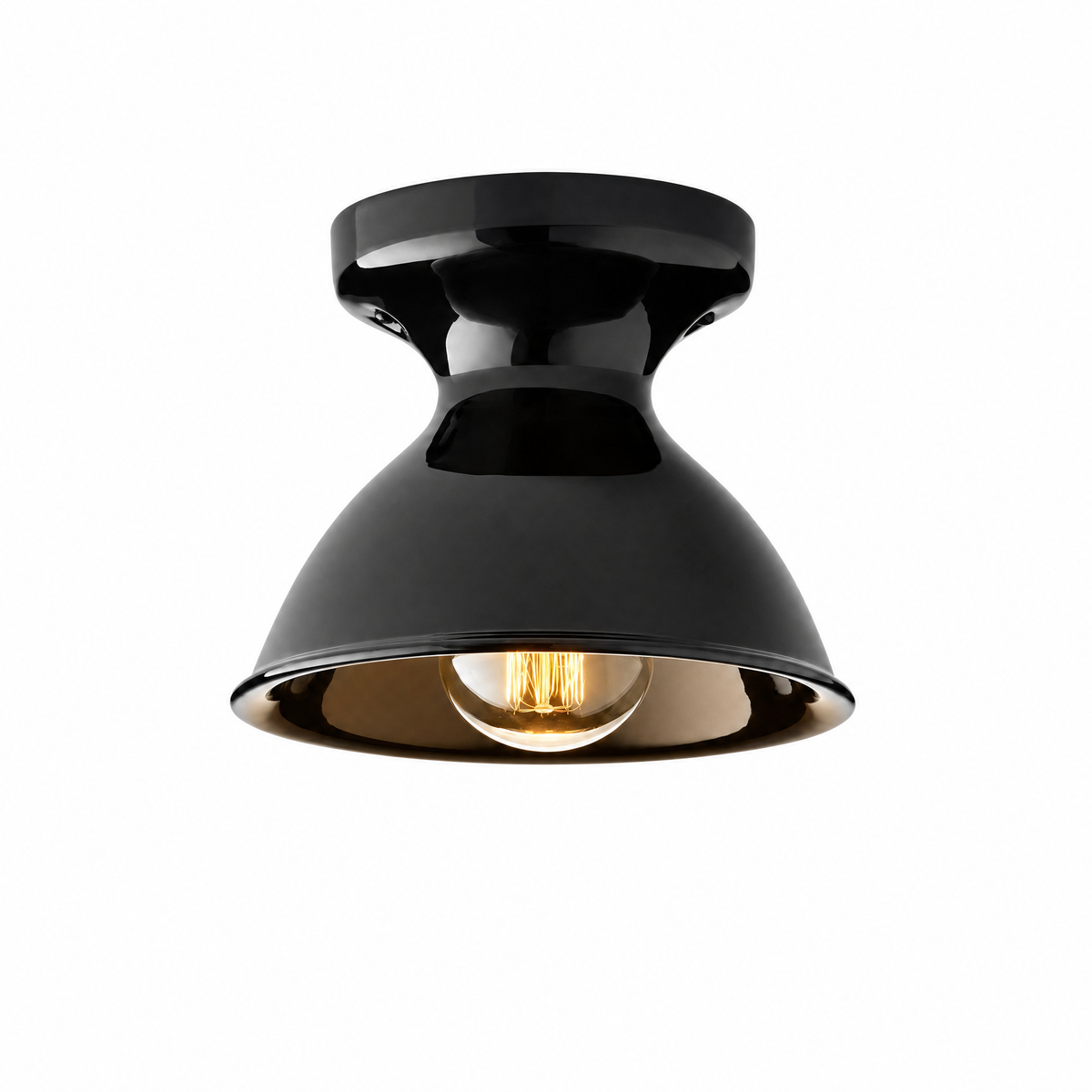 Campanella Smaltata ceramic flush mount in Black, Grande, lit, on white