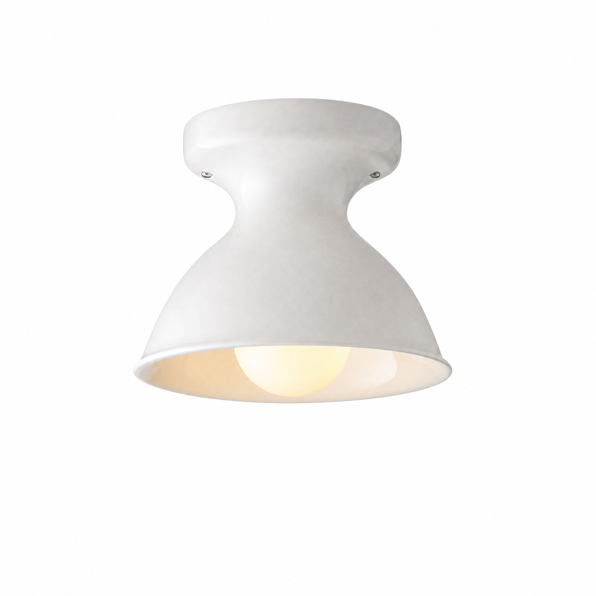 Campanella Smaltata ceramic flush mount in White, Grande, lit, on white