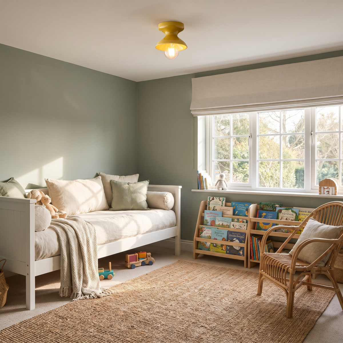 Chamomile yellow ceramic flush mount ceiling light in a sage-green child's reading room