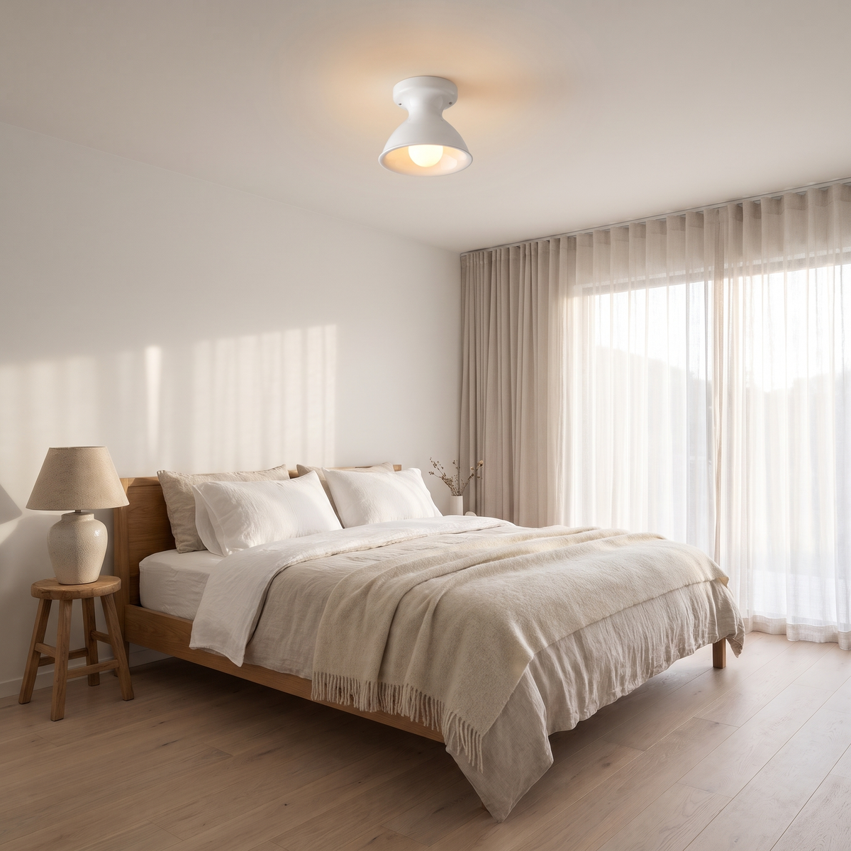 White ceramic flush mount ceiling light in a calm Scandinavian bedroom