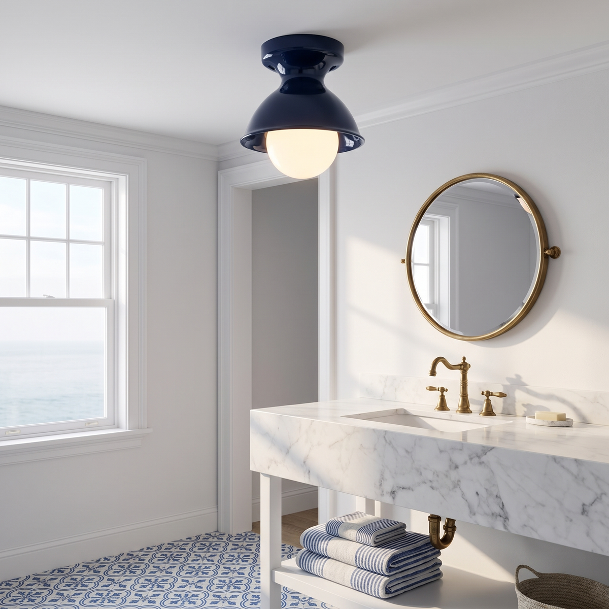 Navy ceramic flush mount ceiling light in a coastal marble bathroom
