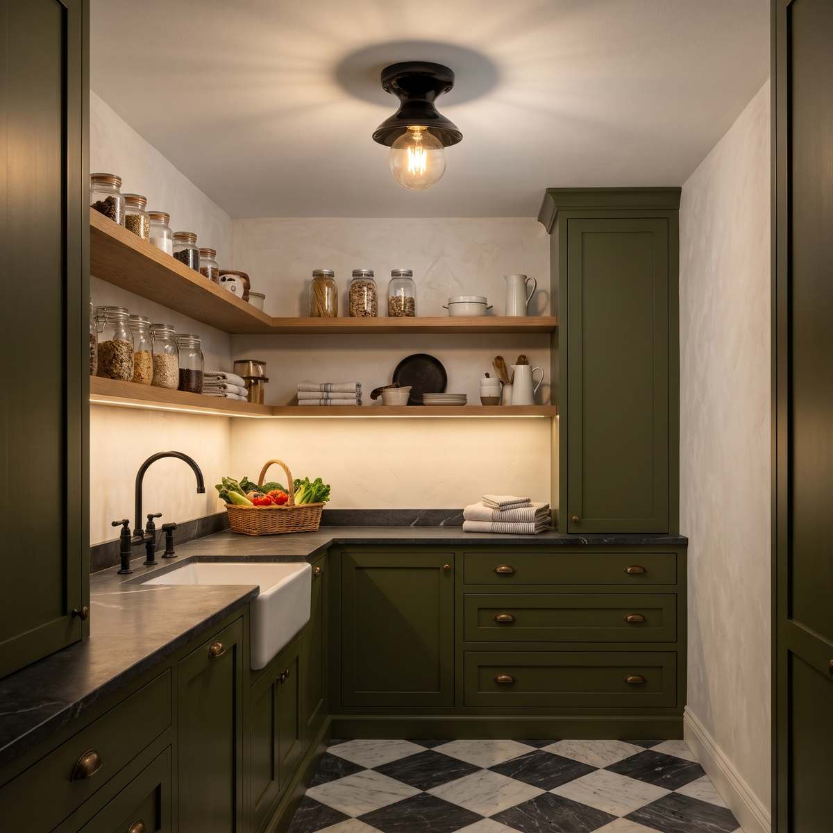Black ceramic flush mount ceiling light in an olive pantry with open oak shelves