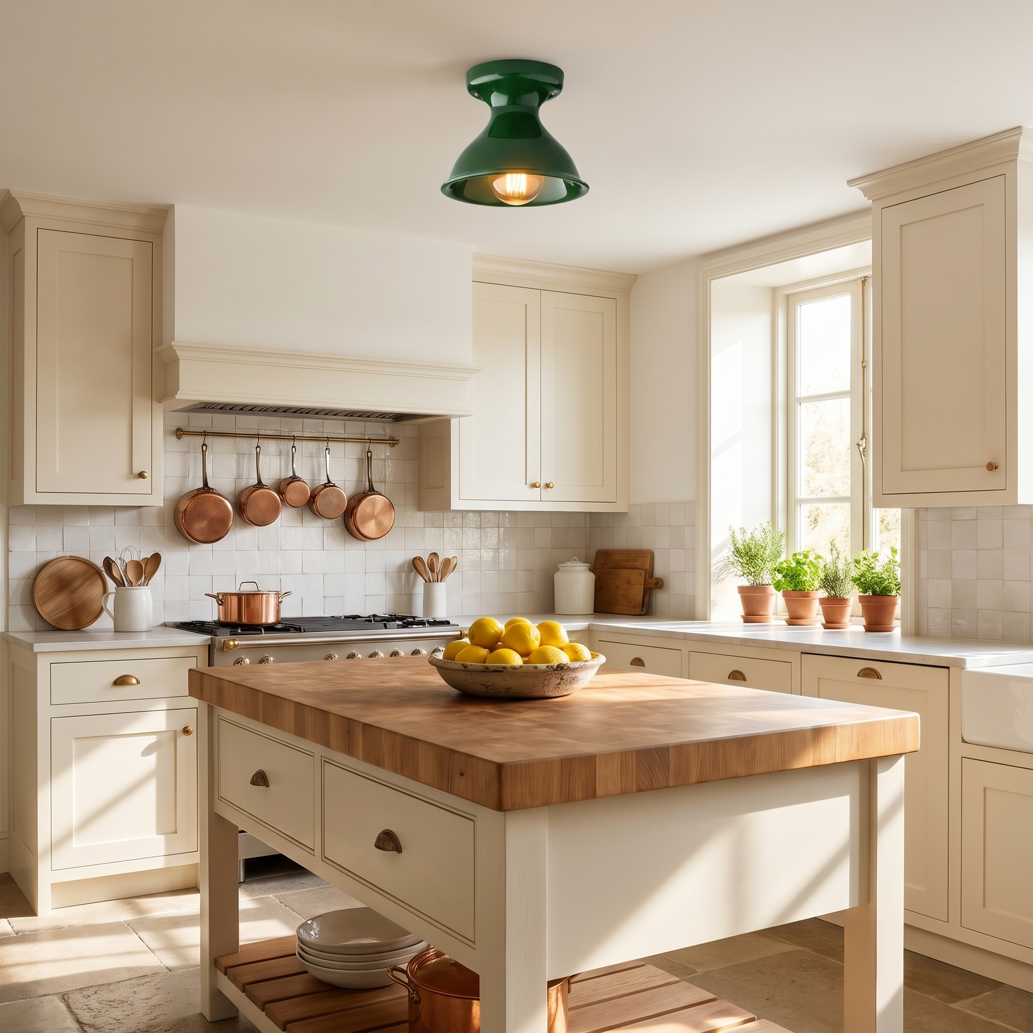 Juniper green ceramic flush mount ceiling light above a butcher-block island in an Italian country kitchen