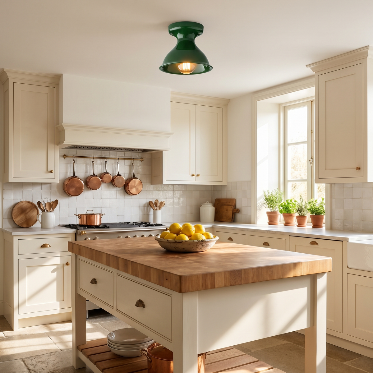 Juniper green ceramic flush mount ceiling light above a butcher-block island in an Italian country kitchen