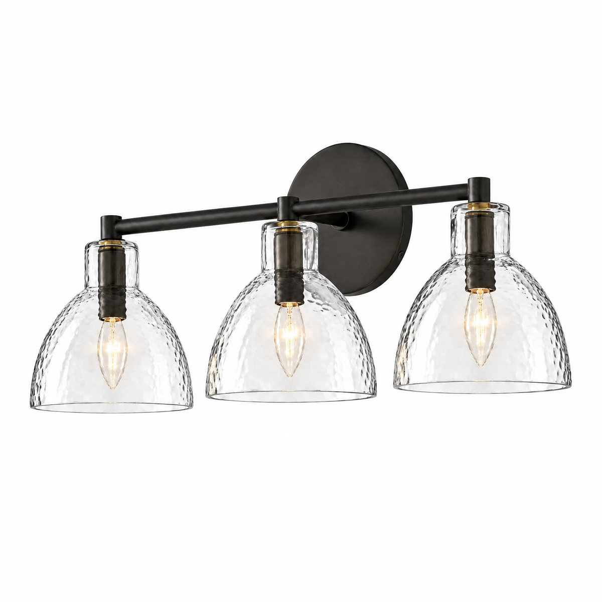 Lume Martellato hammered glass vanity light in Black, 3 lights, lit, on white
