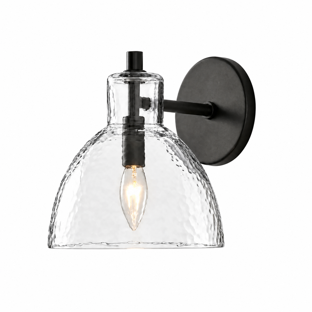Lume Martellato hammered glass wall sconce in Black, 1 light, lit, on white