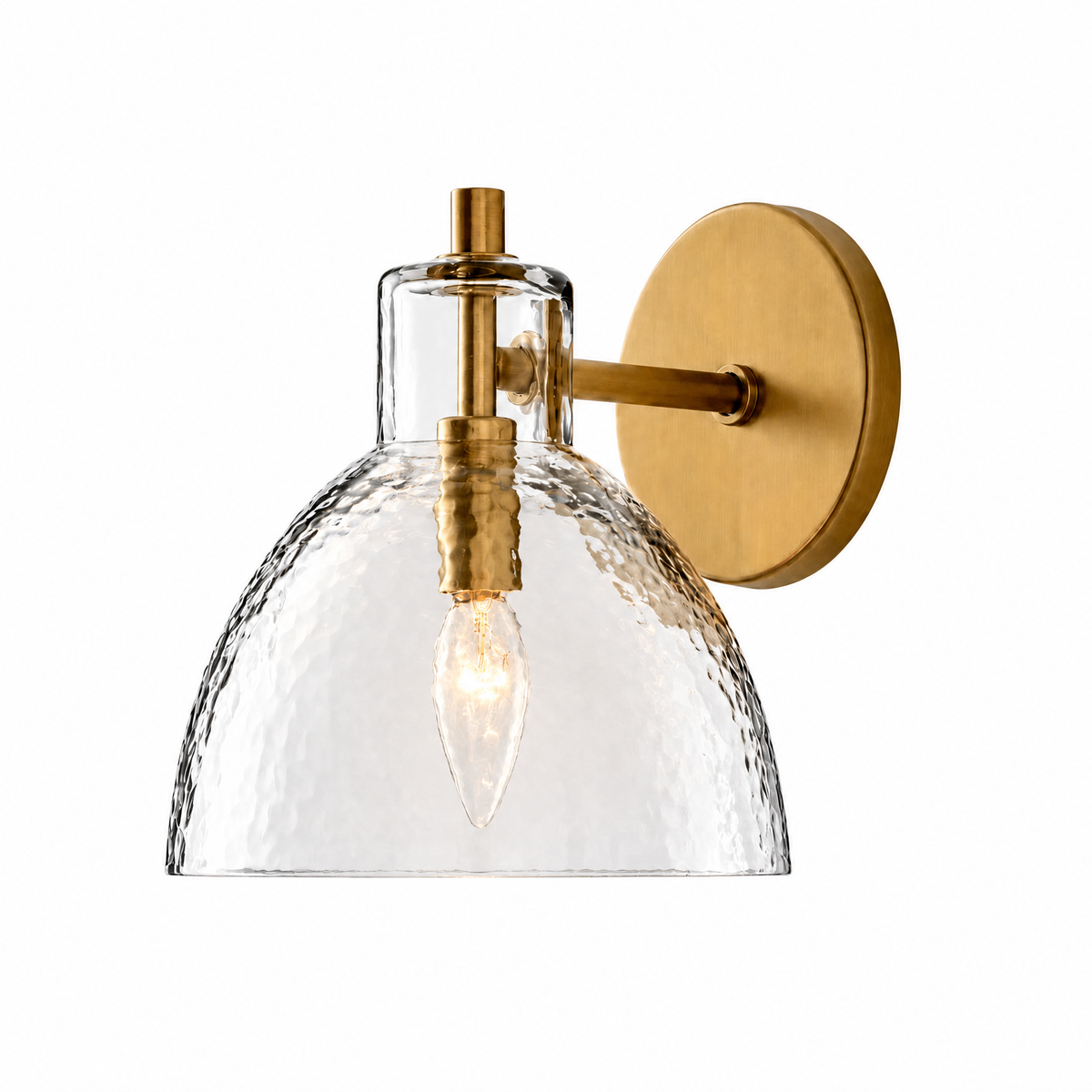 Lume Martellato hammered glass wall sconce in Brass, 1 light, lit, on white
