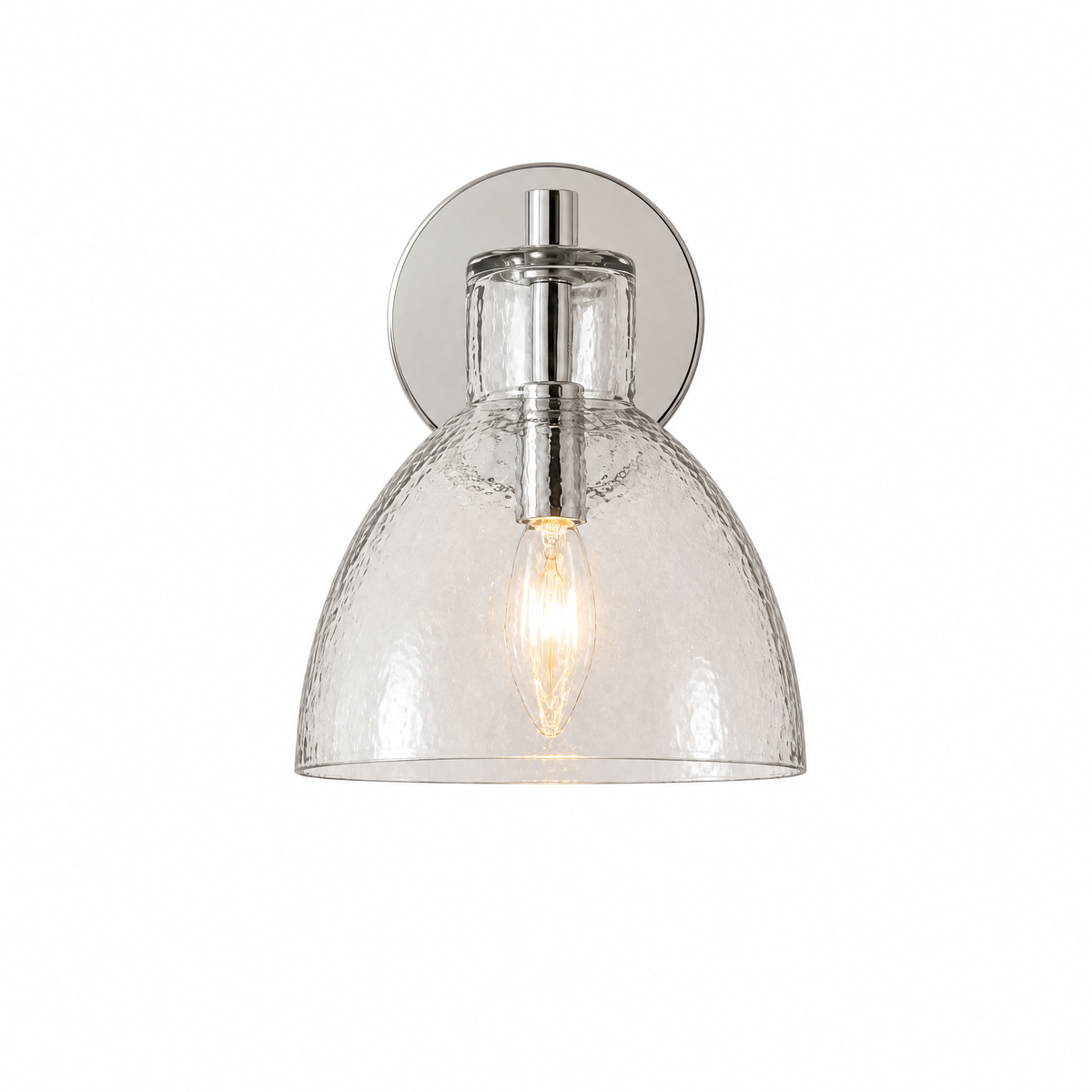 Lume Martellato hammered glass wall sconce in Polished Nickel, 1 light, lit, on white