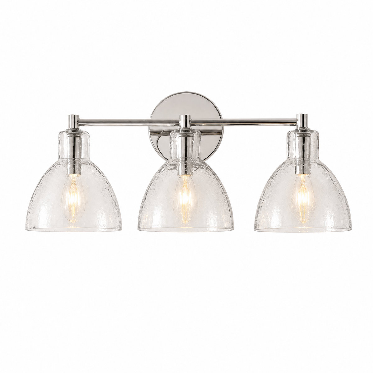 Lume Martellato hammered glass vanity light in Polished Nickel, 3 lights, lit, on white