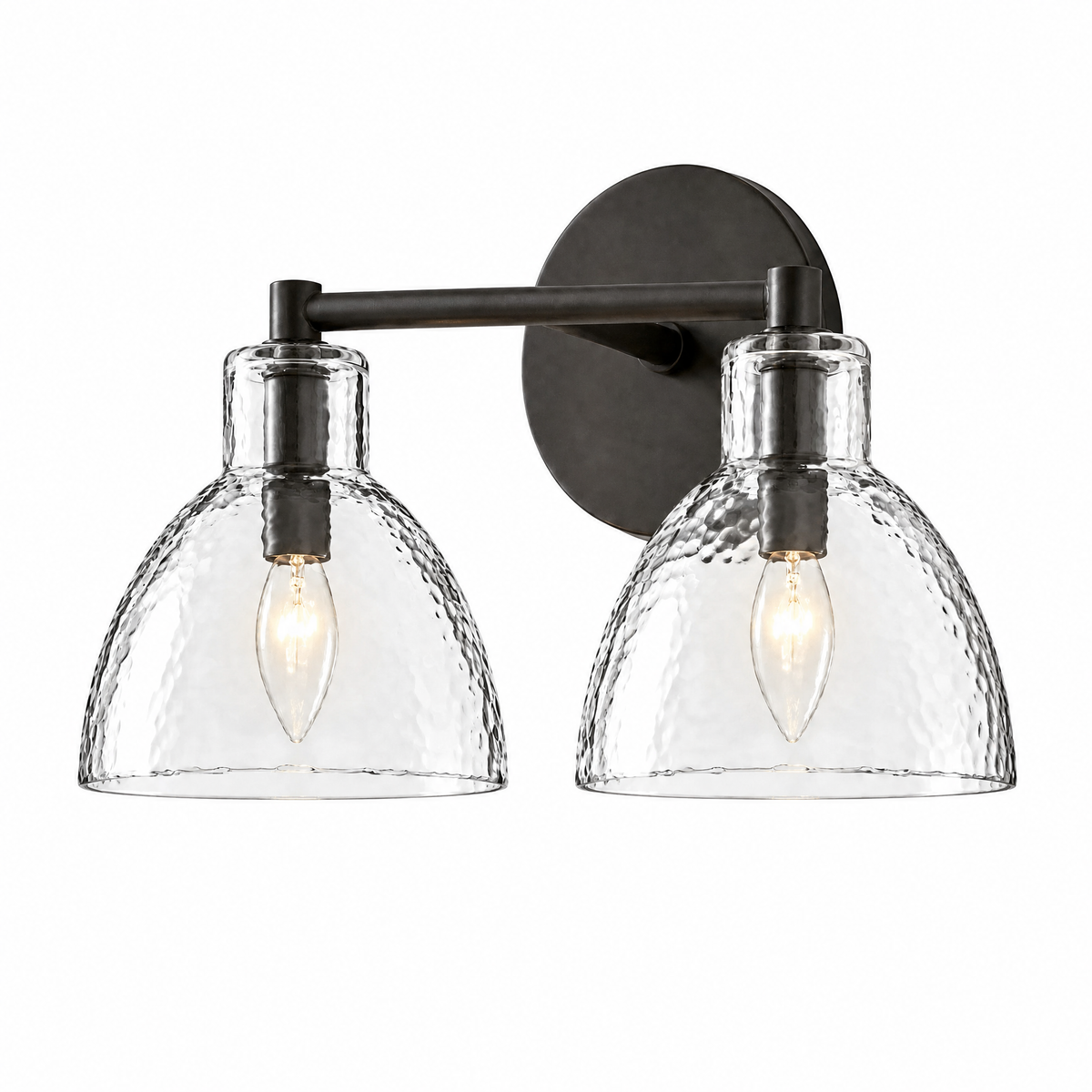 Lume Martellato hammered glass vanity light in Black, 2 lights, lit, on white