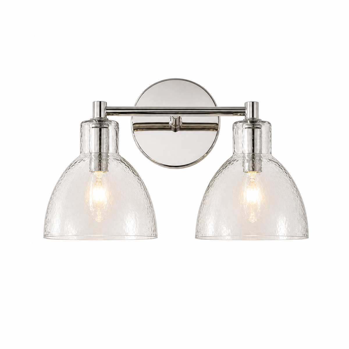 Lume Martellato hammered glass vanity light in Polished Nickel, 2 lights, lit, on white