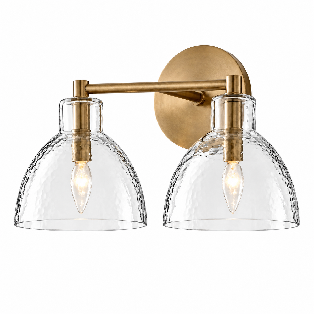 Lume Martellato hammered glass vanity light in Brass, 2 lights, lit, on white