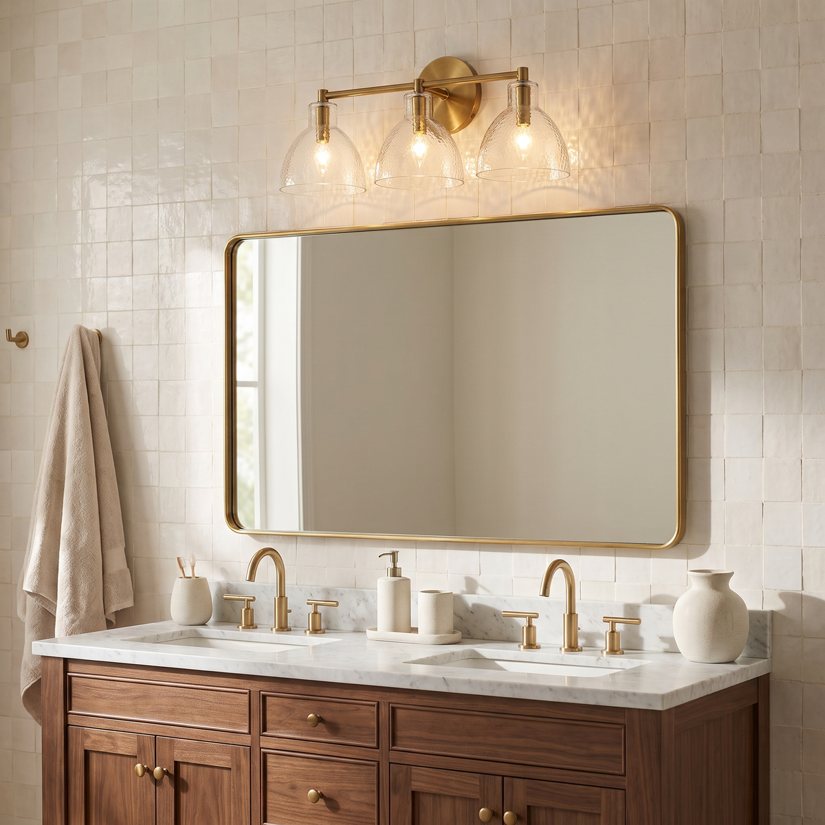 Brass 3-light hammered glass vanity light above a walnut vanity and brass mirror in a zellige bathroom