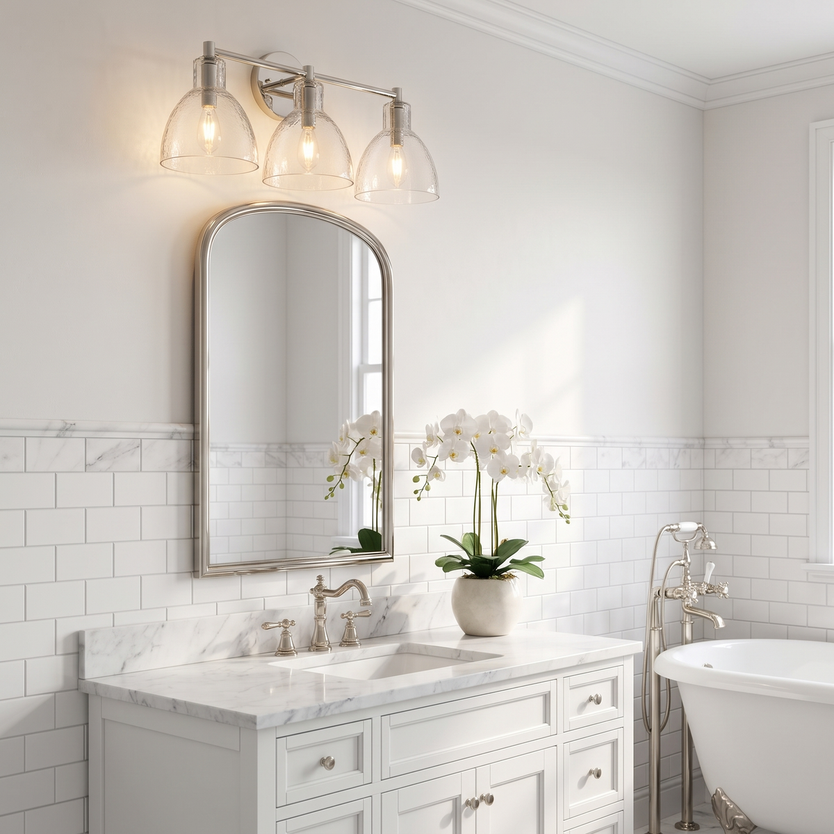 Polished nickel 3-light hammered glass vanity light above an arched mirror in a classic white bathroom