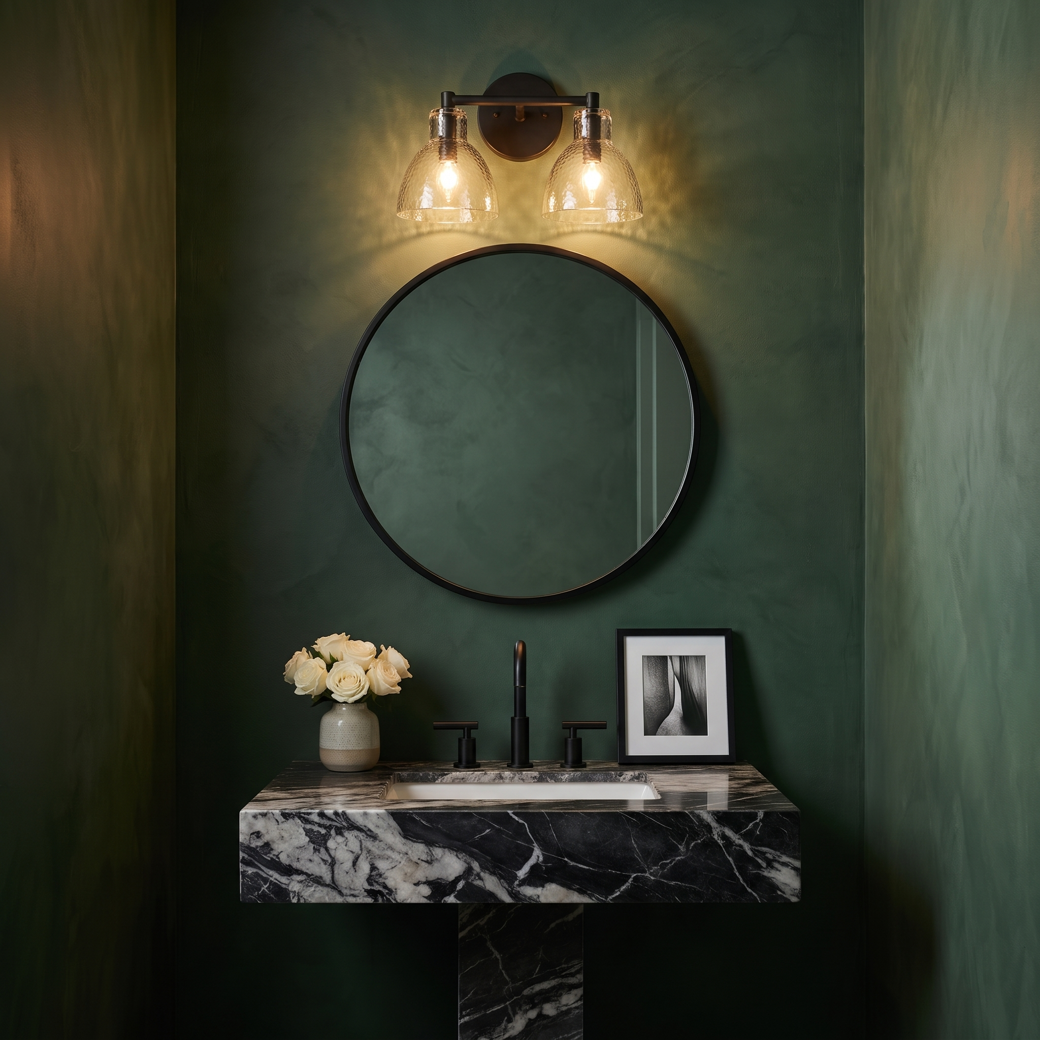 Black 2-light hammered glass vanity light above a round mirror in a deep green powder room