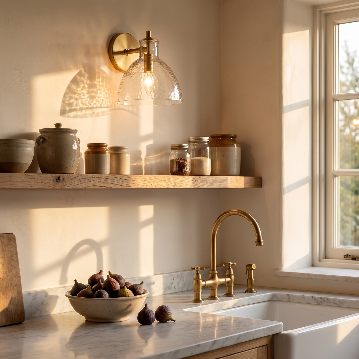 Brass hammered glass wall sconce above open oak shelving in a European kitchen