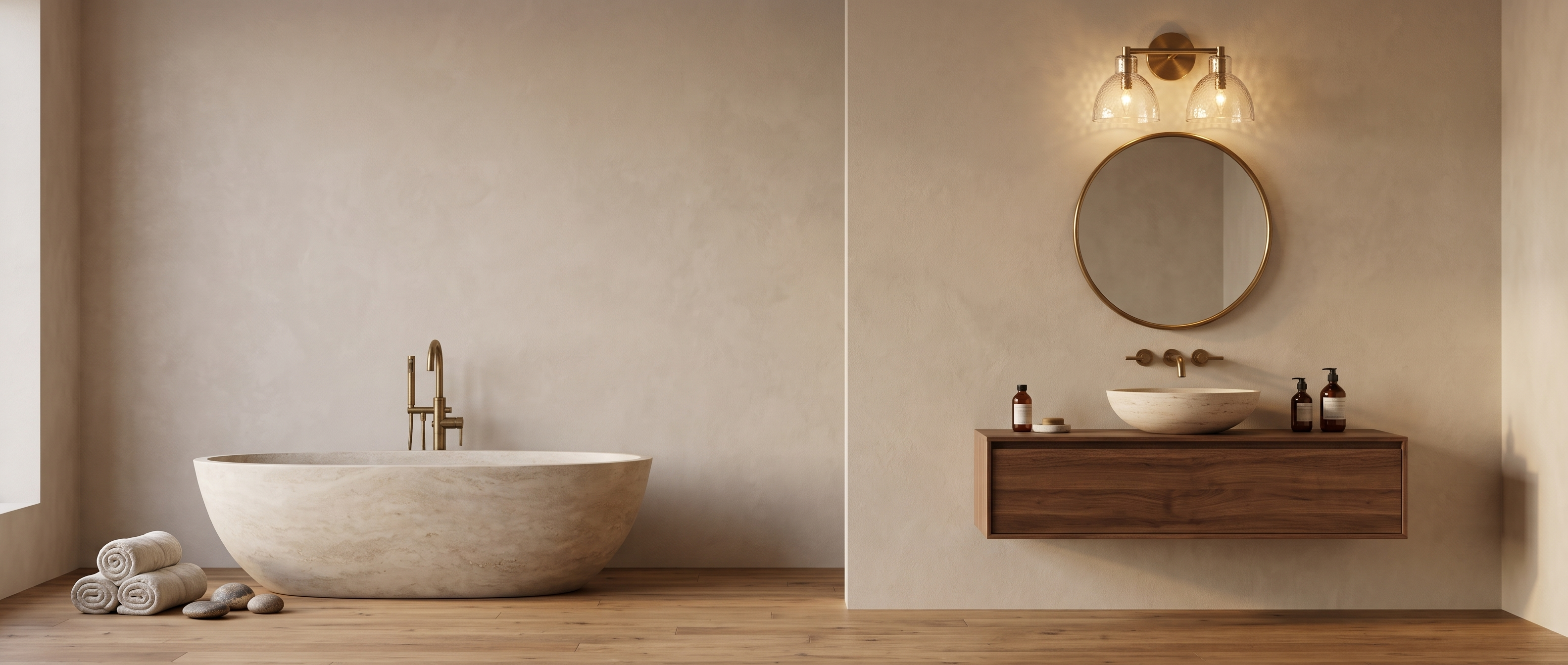 Brass 2-light hammered glass vanity light above a round mirror in a spa bathroom with a stone tub