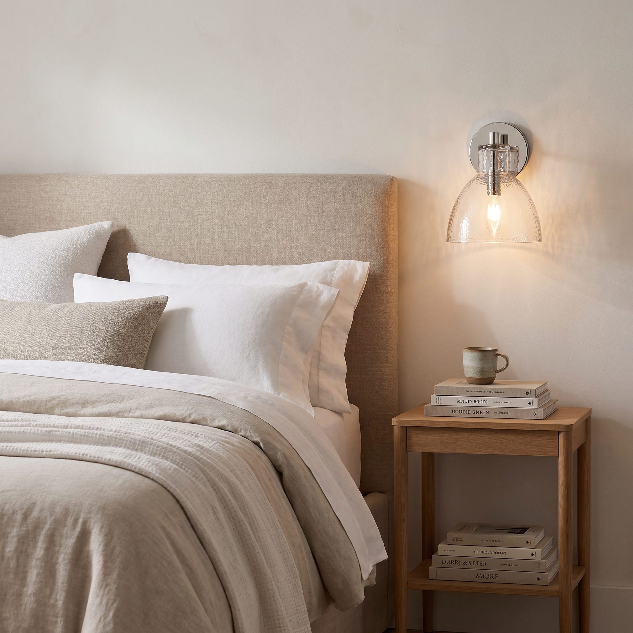 Polished nickel hammered glass wall sconce as a bedside reading light