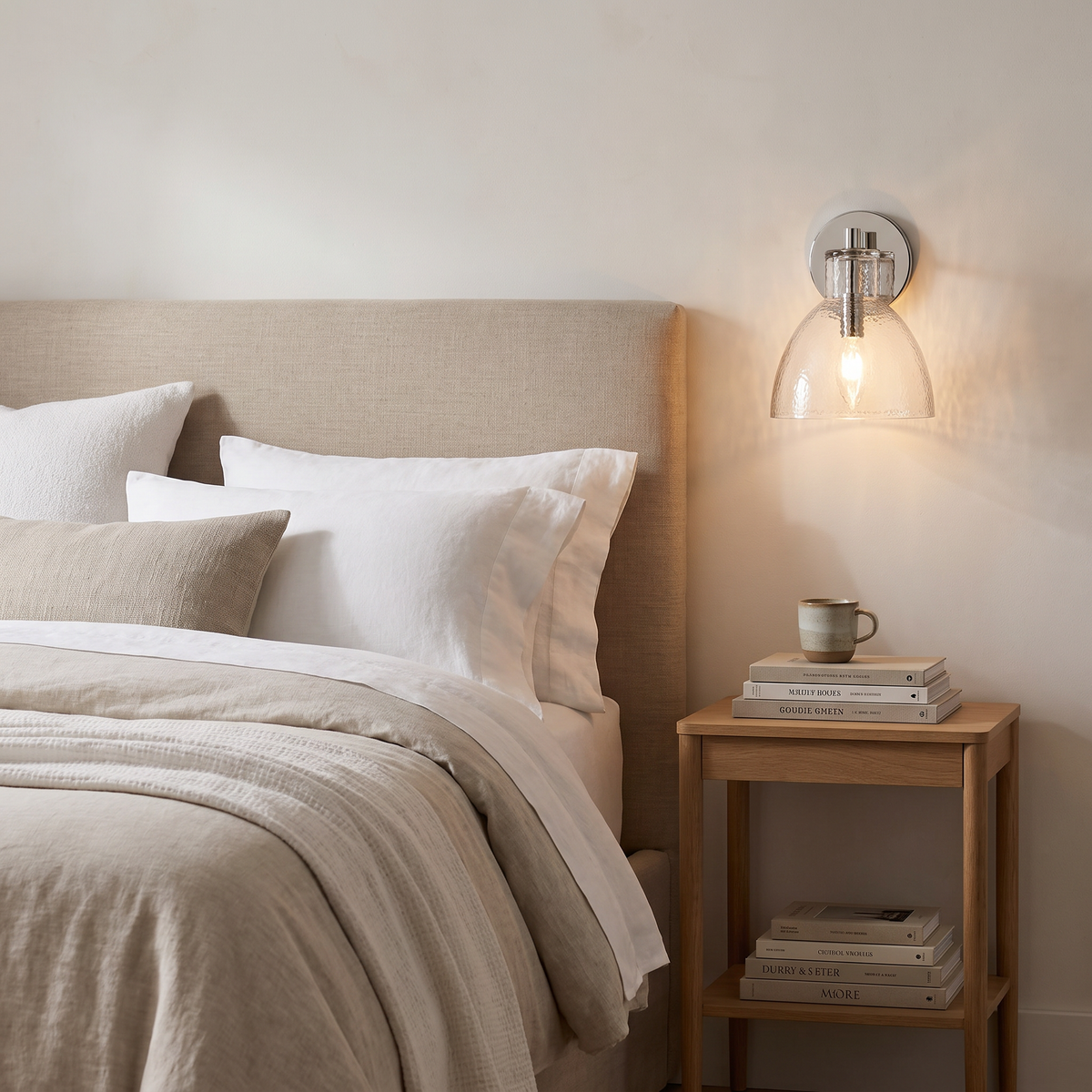 Polished nickel hammered glass wall sconce as a bedside reading light