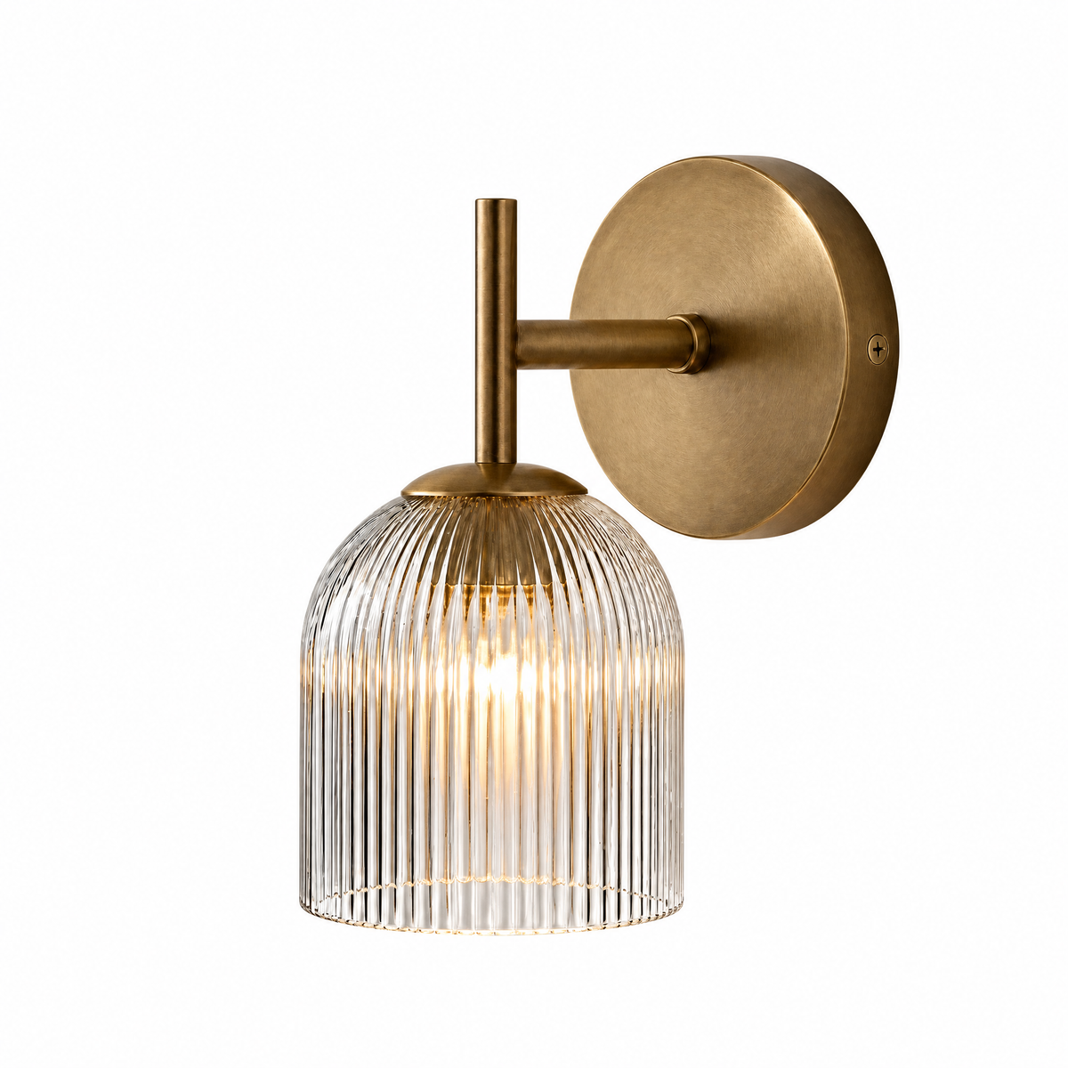 Calice Rigato brass ribbed glass wall sconce, shade down, lit, on white